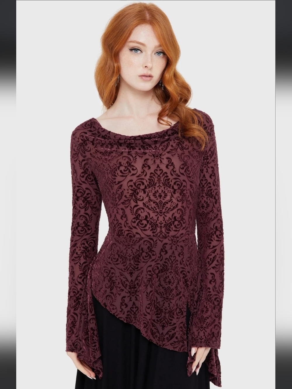 Killstar Burgundy Velvet Burnout Long-Sleeve Asymmetrical Top Dress